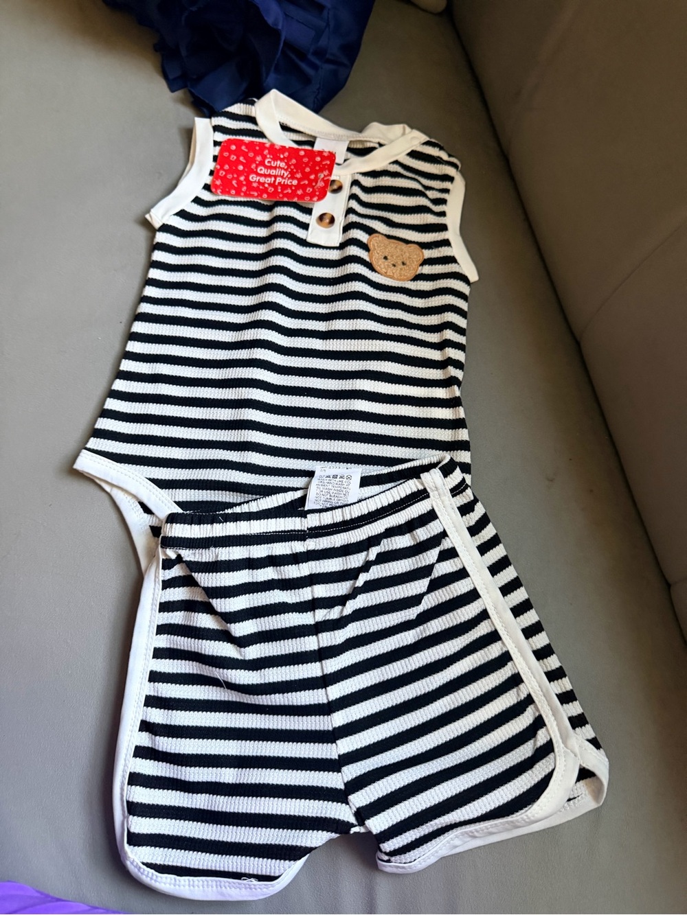 PatPat Black and White Striped Kids Tank & Shorts Set with Bear Patch